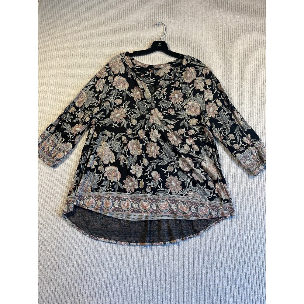Lucky Brand Top Womens 2X Black Floral Whimsigoth Dark Romantic 3/4 Sleeve